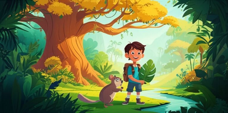 História Infantil sobre Meio Ambiente Infantil: O Mistério da Floresta Sussurrante e o Guardião Vegetal. Imagem de um menino, uma cotia e um ipê centenário em uma floresta tropical vibrante.