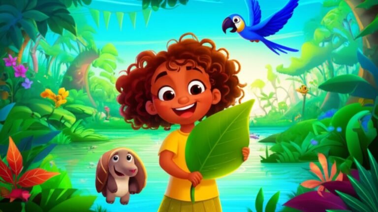 História Infantil sobre o meio ambiente: O Segredo do Rio Cintilante. Uma imagem vibrante de uma menina, um tatu-bola e uma arara-azul explorando um rio cintilante em uma floresta.