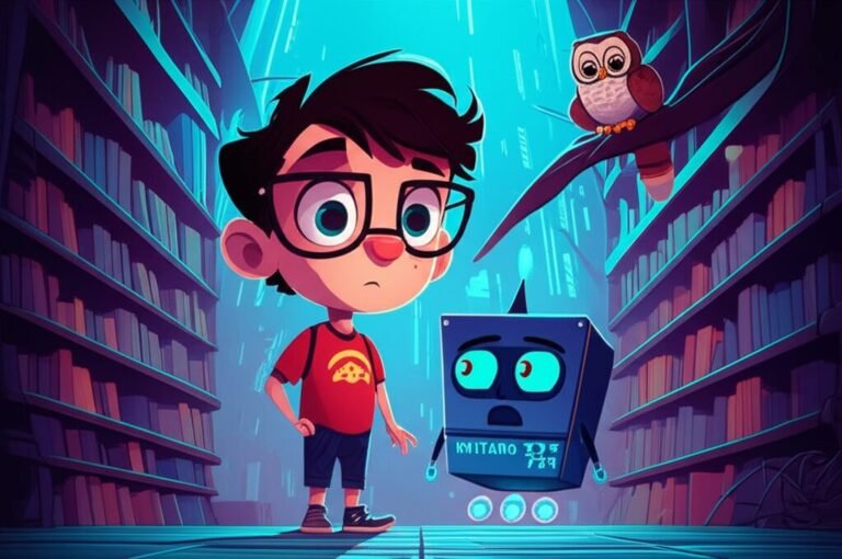 Ilustração principal da História Infantil sobre Mistério - O Segredo da Biblioteca Flutuante, mostrando os personagens principais Pedro, Unitário 734 e Dona Jurema investigando na antiga biblioteca.