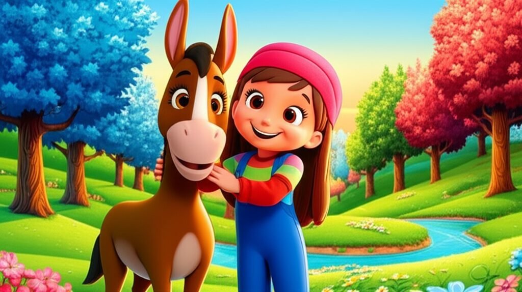 História Infantil: Ilustração vibrante de uma menina e uma mula com uma cabeça expressiva no colorido Vale dos Sonhos, simbolizando amizade e descoberta.