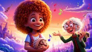 História Infantil sobre Música: O Eco Perdido da Cidade Sonhadora, mostrando a protagonista Joana, o Professor Sabichão e o tatu-bola Bento em uma cidade vibrante cheia de notas musicais.