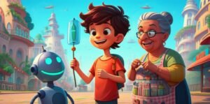 História Infantil sobre não bater: Uma imagem alegre e colorida de Chico, Dona Jurema e o robô Bolota na futurista Cidade Sussurrante, explorando a importância da gentileza e do respeito ao próximo.