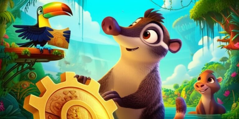 História Infantil sobre não roubar. Imagem vibrante de um quati curioso, um tucano sábio e uma capivara gentil explorando uma cidade flutuante cheia de invenções antigas e natureza exuberante.