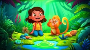 História Infantil sobre Nojo: Ilustração de Nina e Juba, o mico-leão-dourado, explorando uma floresta colorida e observando uma poça de geleia brilhante. Juba expressa nojo, enquanto Nina demonstra curiosidade. A imagem reflete o tema da superação de aversões e a descoberta de belezas inesperadas na História Infantil.