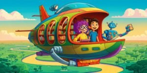 História Infantil sobre nome próprio: Léo, a Professora Aurora e Baruk o robô na Biblioteca Voadora sobrevoando o Pantanal, uma cena de aventura e descoberta.