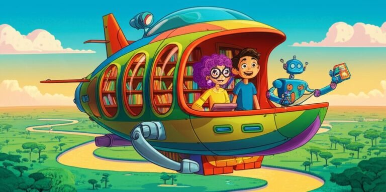 História Infantil sobre nome próprio: Léo, a Professora Aurora e Baruk o robô na Biblioteca Voadora sobrevoando o Pantanal, uma cena de aventura e descoberta.