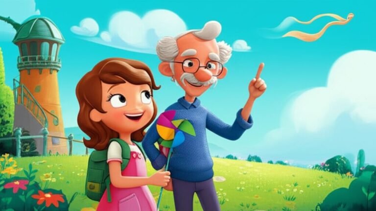 História Infantil sobre o ar: ilustração de Sofia e Professor Gael em um jardim no observatório, explorando o conceito do ar e do vento.
