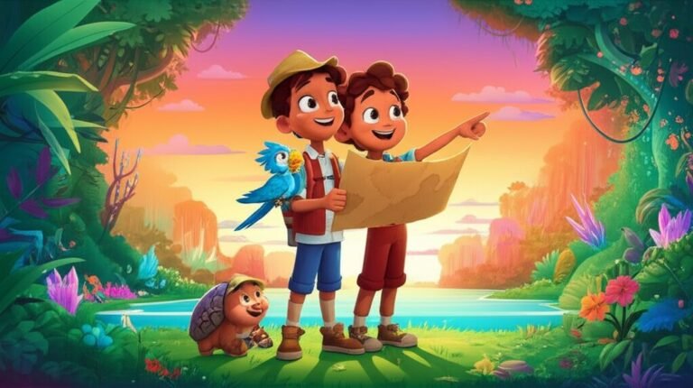 Uma vibrante ilustração da História Infantil sobre O Nome: A Ilha da Canção Ecoante, mostrando o menino Léo, a papagaia Pipoca e o tatu-bola Joca explorando uma ilha exuberante.