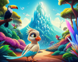 Uma ilustração da História Infantil sobre O Patinho Feio: A Jornada de Pluma para a Montanha Sussurrante. A imagem mostra Pluma, um pássaro com penas únicas, caminhando em uma floresta mágica com cristais, enquanto um tucano e um beija-flor o acompanham, simbolizando a amizade e a descoberta.