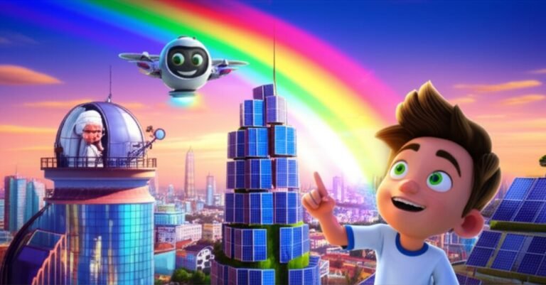 Ilustração de História Infantil que mostra um garoto com seu drone e uma astrônoma observando um sol colorido em uma cidade futurista.