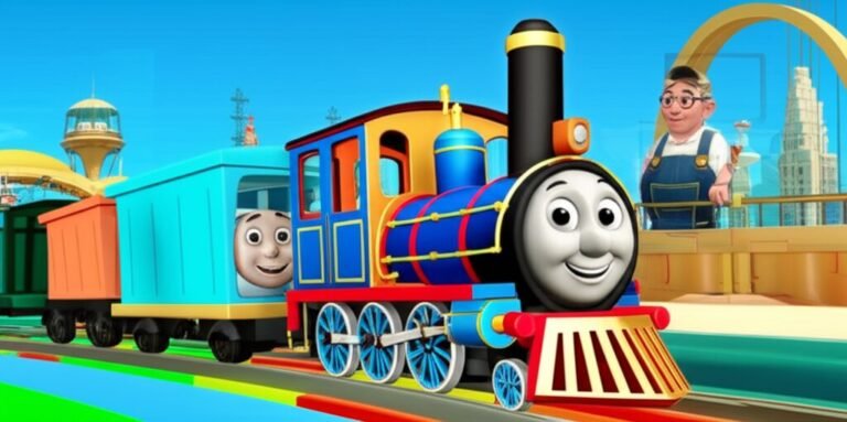 História Infantil sobre Obediência: Ilustração de um trem sorridente (Trilho) puxando um vagão azul (Zezinho) em trilhos coloridos, com um senhor (Seu Bento) ao fundo, representando a aventura e o aprendizado de seguir regras.
