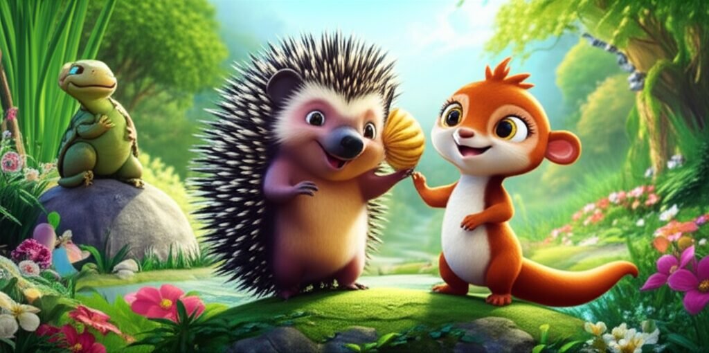 História Infantil O Sussurro da Concha Dourada: Um ouriço e uma lontra ouvindo uma concha, com uma jabota sábia ao fundo, em um vale verdejante.