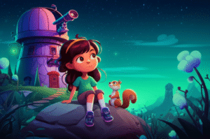 Uma ilustração da História Infantil sobre Paz interior, mostrando a menina Luna e o esquilo Kiko no Pico da Calma, contemplando as estrelas ao lado do Professor Sábio.