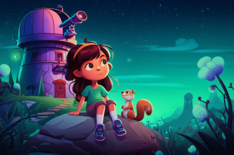 Uma ilustração da História Infantil sobre Paz interior, mostrando a menina Luna e o esquilo Kiko no Pico da Calma, contemplando as estrelas ao lado do Professor Sábio.