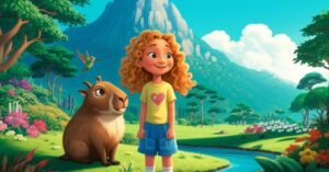 História Infantil sobre Paz: Uma menina e seus amigos animais, uma capivara e um beija-flor, em um vale tranquilo, ilustrando a união e a harmonia que levam à paz.