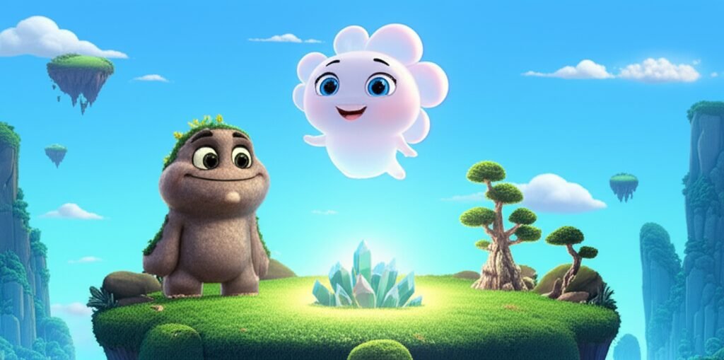 Uma ilustração vibrante da História Infantil O Encontro Brilhante entre Céu e Terra, com a criatura das nuvens Celeste e o ser de pedra Rocha se encontrando pacificamente ao redor de cristais brilhantes, representando a paz e a resolução pacífica.