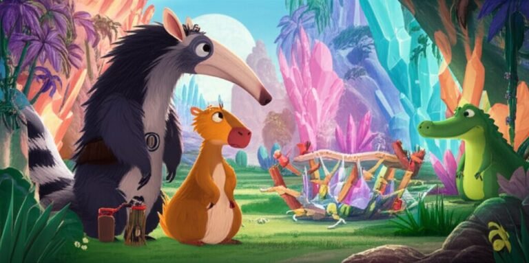 História Infantil O Segredo do Eco Cristalino, mostrando os personagens Tito o tamanduá-bandeira, Clara a capivara, e Tobias o jacaré, celebrando a amizade e o perdão em um vale de cristais, uma cena colorida e vibrante.