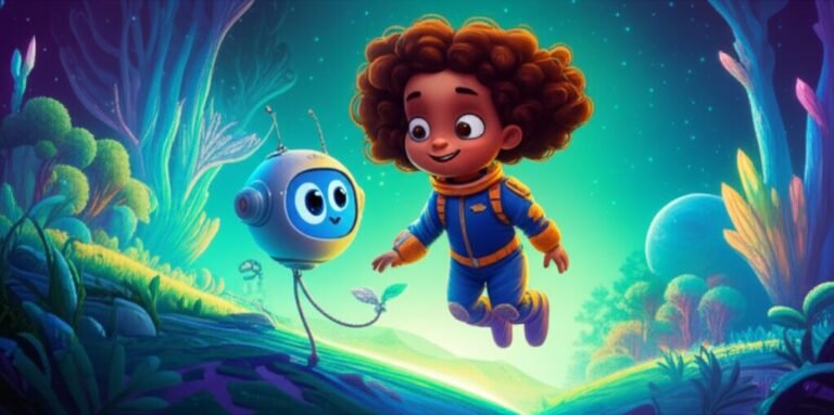 História Infantil sobre Planetas e Espaço, uma ilustração colorida mostrando Luna, uma menina exploradora, e seu robô Chip encontrando Floris, um ser vegetal, no planeta Veridia, simbolizando amizade e descoberta no universo.