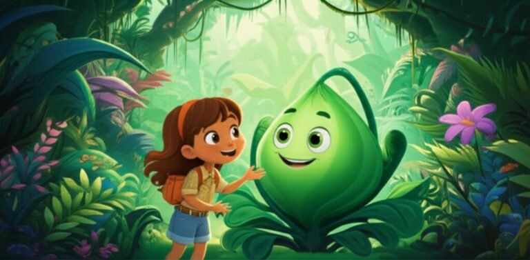 História Infantil sobre uma menina e uma planta que brilha, explorando um jardim misterioso chamado Jardim Esmeralda.