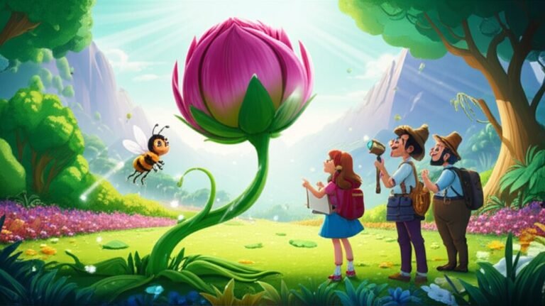 História Infantil sobre a primavera com a Flor-Carrossel gigante desabrochando e os personagens Jasmim, Clara e Professor Benício, explorando a beleza da natureza.
