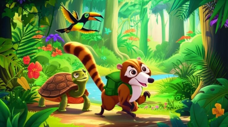 História Infantil: Ilustração do quati Quincas, a jabuti Dona Flora e a bem-te-vi Pipoca caminhando juntos em uma floresta vibrante, simbolizando a jornada e as amizades nos primeiros dias na escola.
