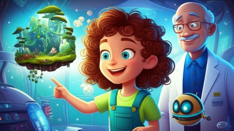 História Infantil sobre Profissões do Futuro: A imagem mostra a menina Aurora, o Dr. Octávio e o drone Bento em um laboratório futurista, explorando projeções holográficas de novas profissões.