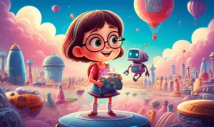 História Infantil sobre Profissões: Imagem de Luna, uma inventora mirim, e um robô explorando a Vila Celeste em busca de sua profissão única, com edifícios flutuantes e céus coloridos.