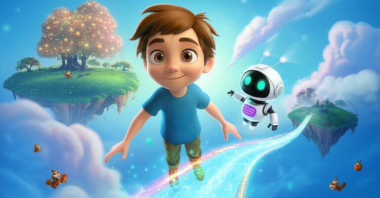 Uma ilustração da História Infantil sobre Quantidades, mostrando o garoto Ariel e a robô Lia explorando ilhas flutuantes, aprendendo sobre a contagem e a importância das quantidades.