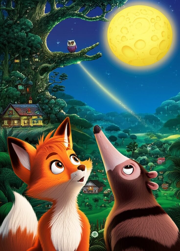 História Infantil sobre queijo: Ilustração de uma raposa e um tamanduá olhando para um objeto celestial brilhante que se parece com queijo, enquanto uma coruja os observa.