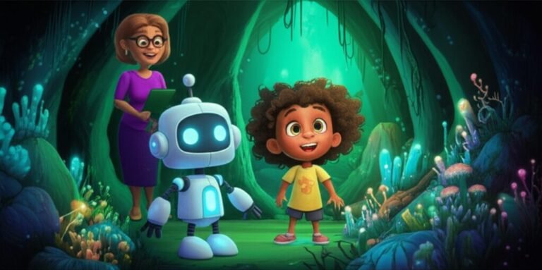 História Infantil sobre autodescoberta: Zeca, o robô, Lia e Professora Sofia exploram uma caverna cheia de plantas brilhantes na Ilha Esmeralda.