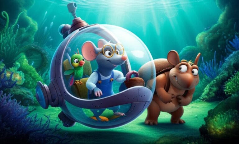 História Infantil: Ilustração de Ratinho Quim em seu submarino com Mila a beija-flor e Beto o besouro, explorando um jardim submerso cheio de plantas luminosas e ruínas, representando a aventura e a amizade.