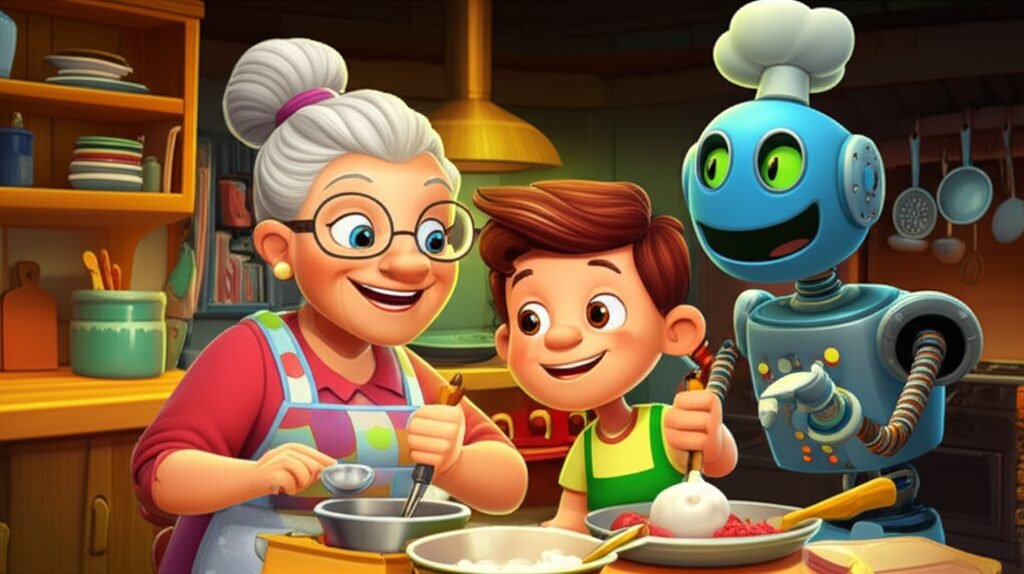 História Infantil O Segredo da Torta Lunar da Vovó Olívia, mostra Pedro, Vovó Olívia e o robô Zeca na cozinha preparando uma receita, com utensílios futuristas e um forno brilhante.