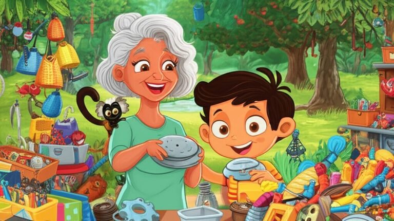 História Infantil O Tesouro Escondido da Vó Aurora, imagem de um menino, uma senhora e um sagui em um ateliê, cercados por objetos reutilizados e reciclados, simbolizando a criatividade e a sustentabilidade.