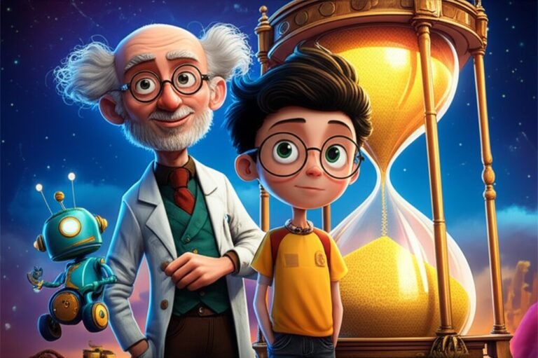 Uma vibrante ilustração da História Infantil O Relógio de Areia Cósmico do Senhor Tempo, mostrando Léo, Professor Horácio e o robô Tick-Tock em sua jornada para recarregar o relógio gigante que controla o tempo.