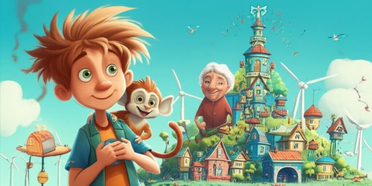 História Infantil O Segredo da Harmonia na Cidade Flutuante de Ventania. Ilustração de Leo, Juju e Dona Aurora trabalhando juntos para resolver um problema com a turbina de vento.