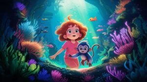 História Infantil sobre Respeitar as Diferenças: Menina com cabelos ruivos e macaco-aranha observam plantas marinhas luminosas em um ecossistema subaquático colorido.