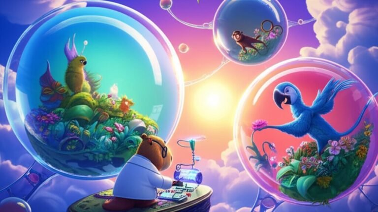 História Infantil: Uma ilustração alegre da Cidade Flutuante de Bolhas, com Joca o inventor, Lina a jardineira e Timóteo o brincalhão aprendendo a respeitar o próximo e a viver em harmonia.