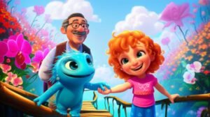 Imagem de História Infantil sobre Respeitar o Próximo, com Clara, Professor Olavo e Zeca em uma cidade flutuante de orquídeas, simbolizando a importância da aceitação e da diversidade.