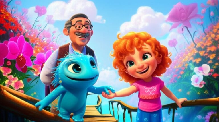 Imagem de História Infantil sobre Respeitar o Próximo, com Clara, Professor Olavo e Zeca em uma cidade flutuante de orquídeas, simbolizando a importância da aceitação e da diversidade.