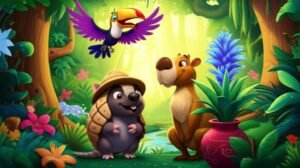 História Infantil sobre Respeitar o Próximo: Ilustração colorida de um tatu-bola, uma capivara e um tucano em uma floresta exuberante, representando os personagens principais da história.
