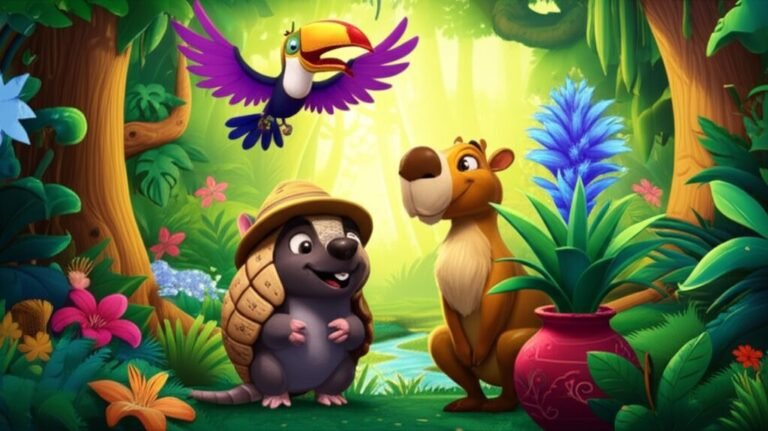 História Infantil sobre Respeitar o Próximo: Ilustração colorida de um tatu-bola, uma capivara e um tucano em uma floresta exuberante, representando os personagens principais da história.