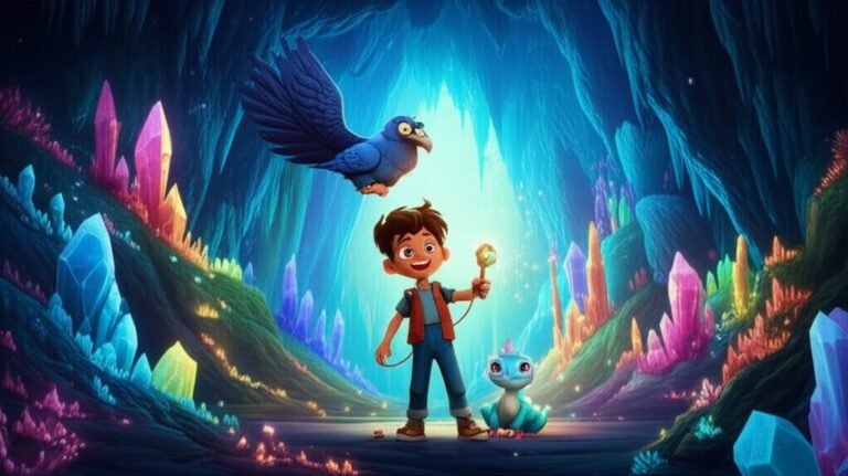 História Infantil sobre Respeitar o Próximo: A sinfonia silenciosa da Gruta Écho, com o inventor Davi, a criatura Luzia e o pássaro Seu Barnabé explorando a gruta.
