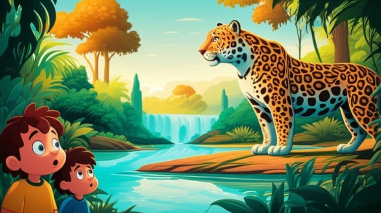 História Infantil sobre respeito aos animais selvagens: Ilustração vibrante de um menino e um biólogo observando uma onça-pintada em seu habitat natural na Serra Dourada, transmitindo a mensagem de respeito à vida selvagem.