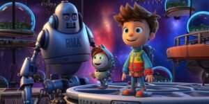 História Infantil sobre Robôs: Um menino e um robô flutuante exploram uma estação espacial futurista, com um robô grande ao fundo, ilustrando a aventura e amizade na história.