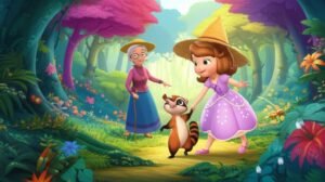 Uma ilustração vibrante e detalhada para a História Infantil sobre Segurança: A Aventura Segura na Floresta dos Sussurros, apresentando a menina Sofia e o quati Quinho explorando uma floresta colorida sob a supervisão gentil de Dona Lúcia, transmitindo a ideia de aventura e segurança.