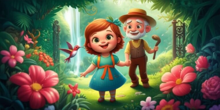 História Infantil sobre Sindrome de Down: Ilustração de uma menina com Síndrome de Down, Luna, ao lado de um jardineiro idoso e um beija-flor, em um jardim encantado, ouvindo as melodias das flores. A imagem transmite alegria e a celebração das individualidades.