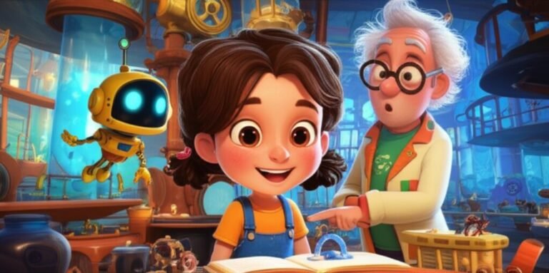História Infantil sobre Síndrome de Down, O Olhar Brilhante de Clara na Oficina das Invenções. Imagem de Clara, Professor Giba e Faísca em sua Oficina Criativa, destacando a colaboração e a alegria da descoberta.