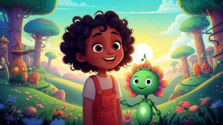 História Infantil sobre Sistema Sola com Solange, uma menina, e seu robô-flor, Floris, embarcando em uma aventura em Solarium para restaurar a energia solar.