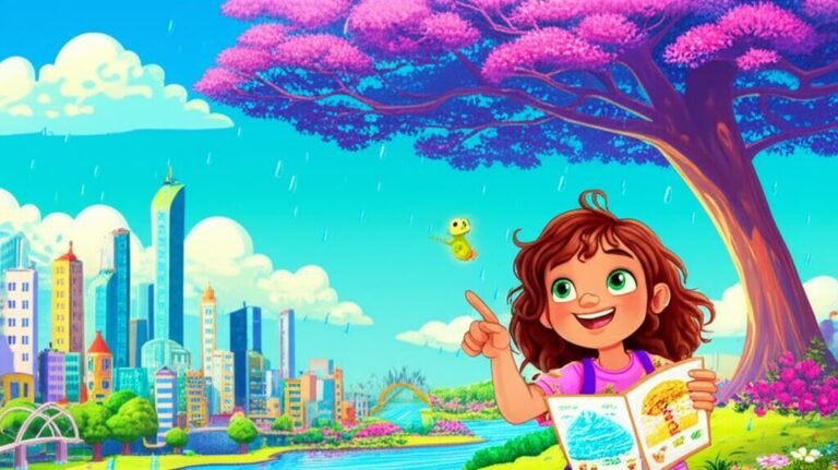 Ilustração da História Infantil sobre a Chuva: O Segredo das Nuvens de Céu Azul, mostrando a personagem Malú, uma menina curiosa, ao lado do sábio jacarandá Bartolomeu e do vaga-lume Chico, explorando o ciclo da chuva na cidade de Céu Azul.