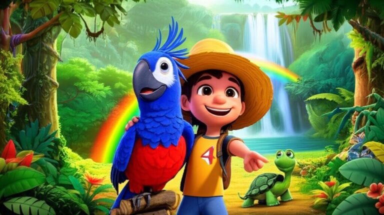 Imagem da História Infantil O Segredo da Cachoeira Arco-Íris, mostrando o menino Pedro, a arara Jurema e o jabuti Jabuti-Filó explorando a floresta e uma cachoeira com arco-íris.
